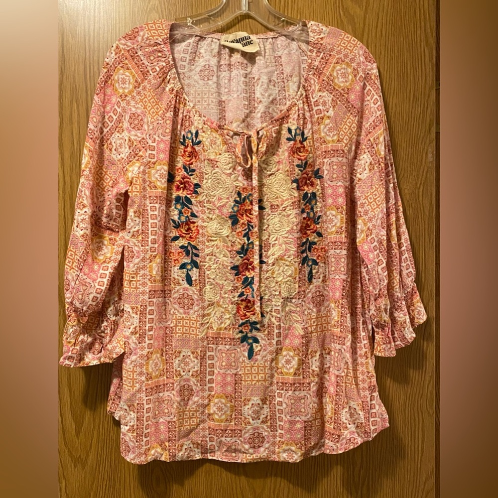 Savanna Jane Boho Embroidered Pink & Orange Patchwork Peasant Top. Size Medium